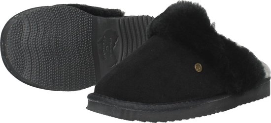 Zwarte pantoffel met bont en dikke zool