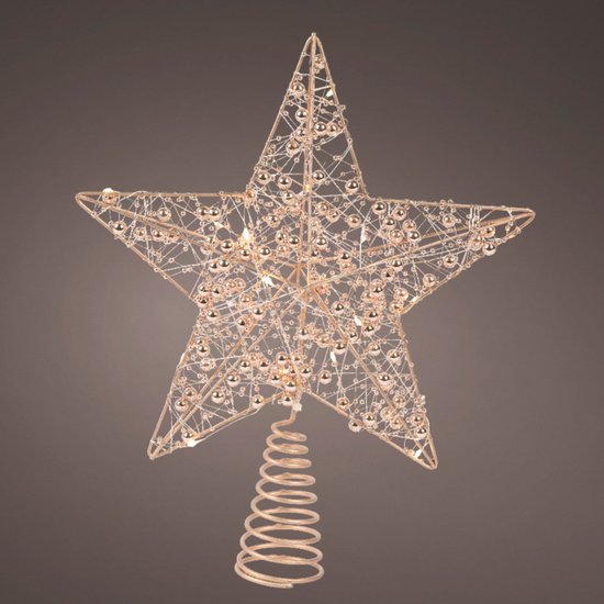 Gouden ster kerstboom piek versierd met kleine gouden parels en LED-lampjes.