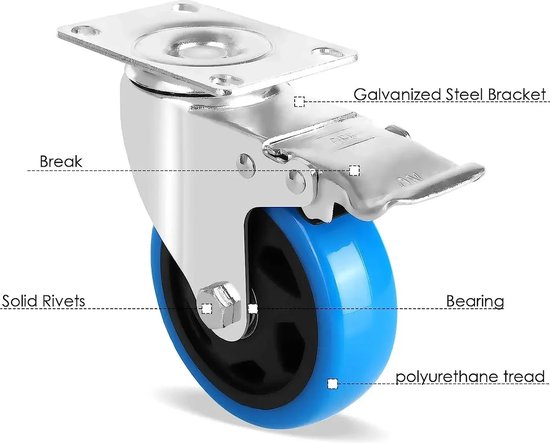 Set van 4 heavy duty wielen met rem, transportwielen 100 mm