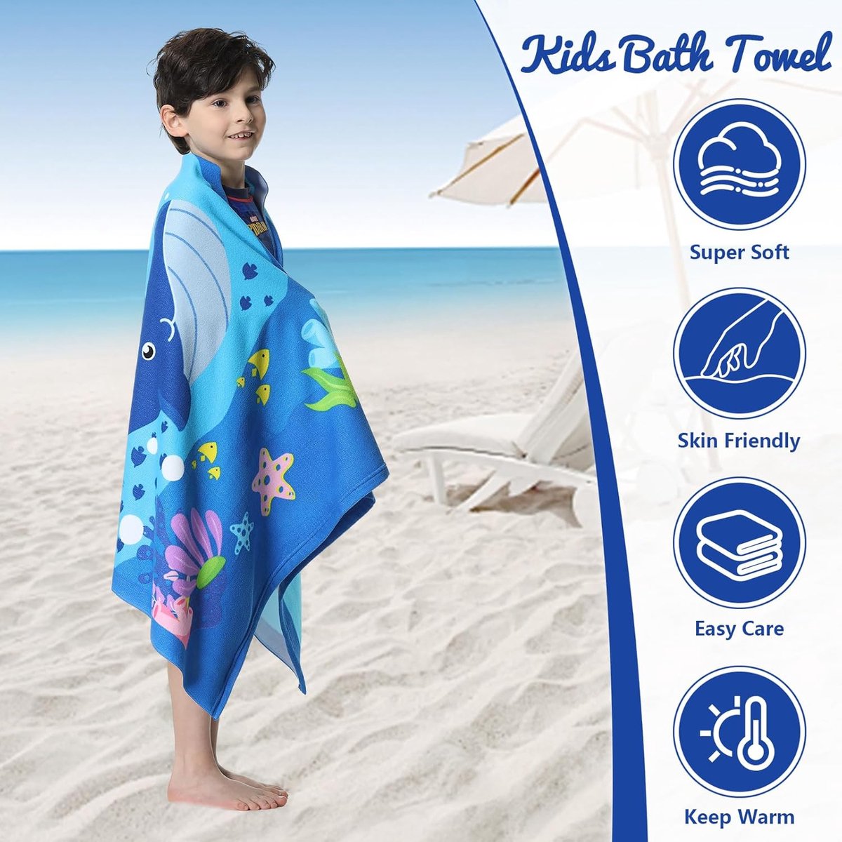 Ulticool Microvezel kinderhanddoek, 140 x 70 cm, safaridieren, dinosaurus, lichte reishanddoek, sneldrogend, badhanddoek, strandhanddoek, microvezel microvezel, reizen, strand, kind, jongen, blauw