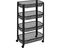 5Five Keuken/badkamer trolley 4 laags - zwart - kunststof - met wielen - opberg mandjes/bakjes
