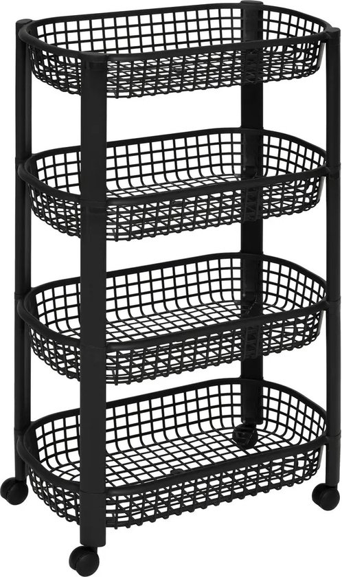 5Five Chariot de Cuisine/salle de bain 4 niveaux - L46 x L25 x H79 cm - noir - plastique - avec roulettes - paniers/conteneurs de rangement
