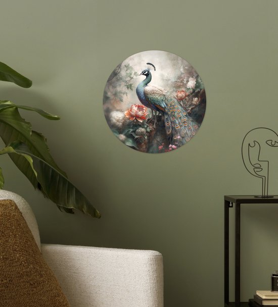 WallCircle - Stickers muraux - Cercle Papier Peint - Paon - Plumes De Paon - Vogel - Jungle - Fleurs - 30x30 cm - Cercle Mural - Auto Adhésif - Autocollant Rond Papier Peint