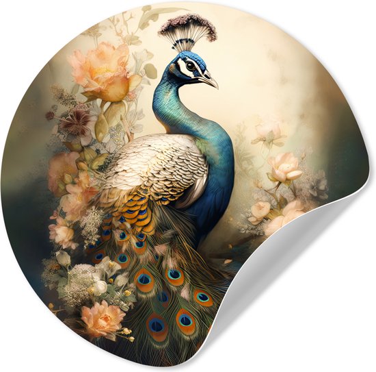 WallCircle® - Behangcirkel 80x80 cm - Muurstickers Pauw - Pauwenveren - Bloemen - Vogels - Botanisch - Muurcirkel woonkamer - Wandcirkel slaapkamer - Kamer decoratie zelfklevend - Muurdecoratie accessoires