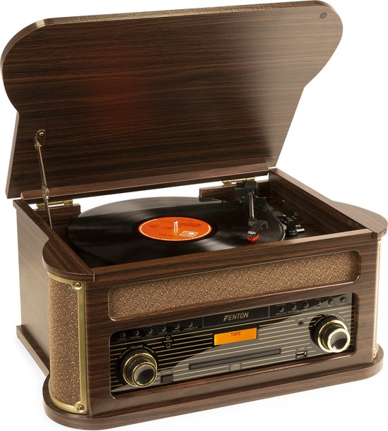 Retro platenspeler Bluetooth - Fenton Memphis - Met FM en DAB radio - Cassette speler - Donkerbruin