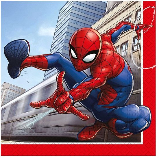 Spiderman, Marvel, in rode en blauwe outfit, spuit webben terwijl hij langs een trein springt. Rood met witte stippen rand.