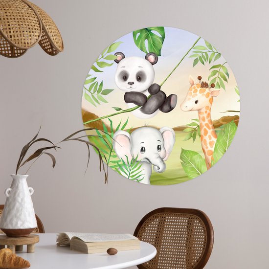 WallCircle - Stickers muraux muraux - Cercle de papier peint - Jungle - Feuilles - Animaux - Vert - 50x50 cm - Cercle mural - Autocollant - Autocollant de papier peint rond