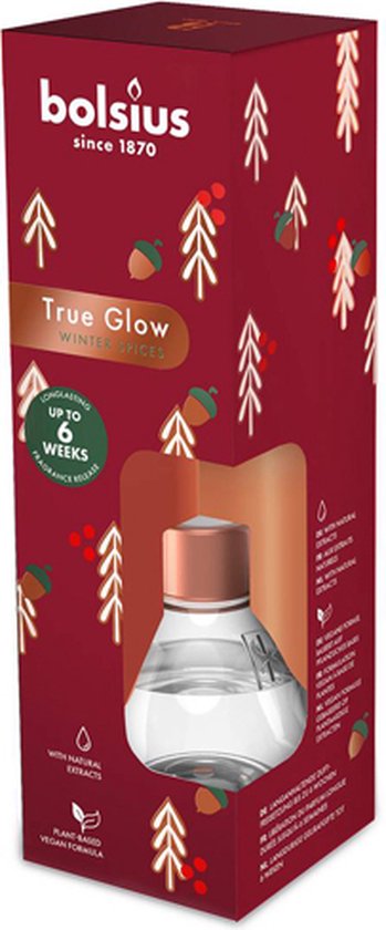 Bolsius True Glow winter spices geurstokjes verpakking met winterse decoraties en informatie.