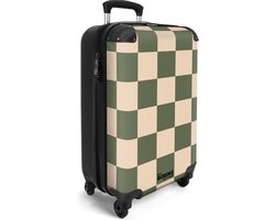 NoBoringSuitcases.com® - Handbagage koffer lichtgewicht - Reiskoffer trolley - Groen met beige schaakbord print - Reis rolkoffer met wieltjes - Carry on reistrolley op wielen - Luggage suitcase - 55x40x20 en 55x35x25 - Bagage 55 cm