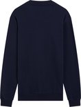 Achterkant van een donkerblauwe sweater met ronde hals en lange mouwen.