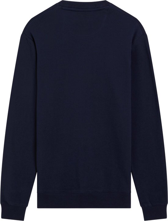 Achterkant van een donkerblauwe sweater met ronde hals en lange mouwen.