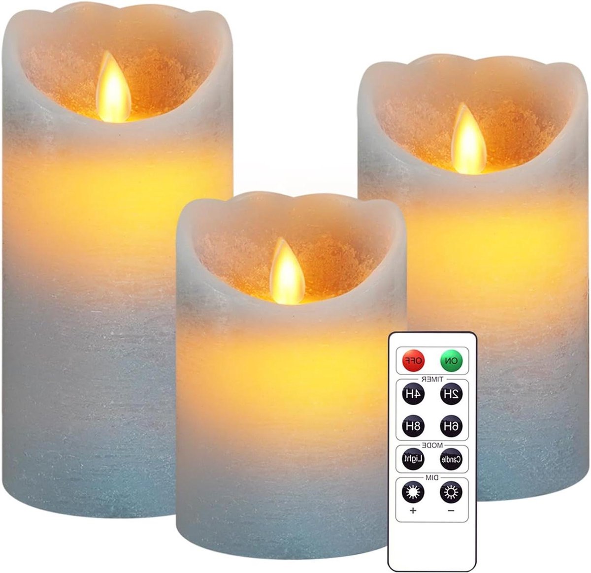 Led Kaarsen met Bewegende Vlam Set van 3 grijs batterijbediende afstandsbediening echte was flikkerende bewegende wikkelflikkerende ambergele lichtpilarkaarsen - niet-geparfumeerde was.