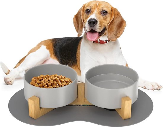 Verhoogde Keramische Voerbak Met Bamboe Standaard - 15° Helling - Antislip - Vaatwasbestendig - Voor Katten En Honden - Voorkomt Braken En Beschermt De Nek - Wit - Set Van 1 Kom Met Standaard