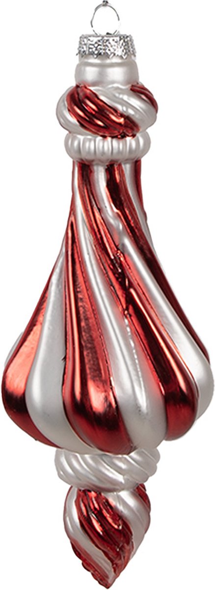 Rood wit glazen kerstbal van Clayre & Eef, Ø 7x18 cm.