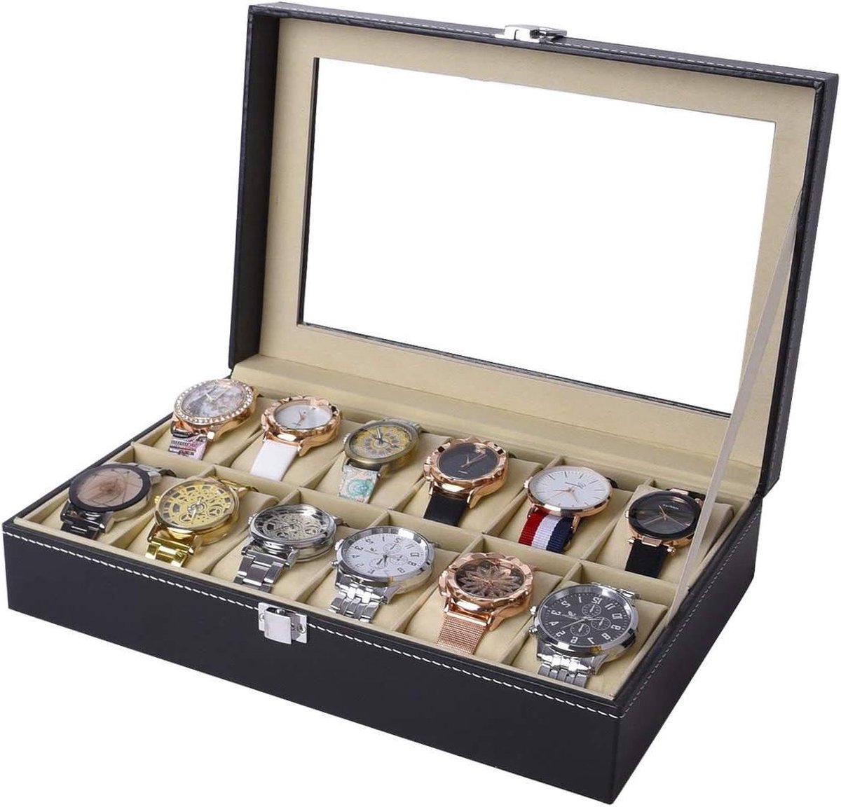 12 Lederen Watch Box Glazen Top Horloge Display Case Organizer Balck - AWU-022