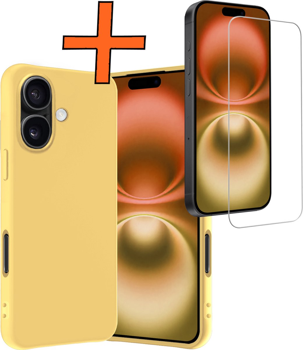 Hoes - Met Screenprotector - Geschikt voor Apple iPhone 16 - Sterk & Shockproof - Back Cover - Siliconen Case - Telefoon Hoes - Geel