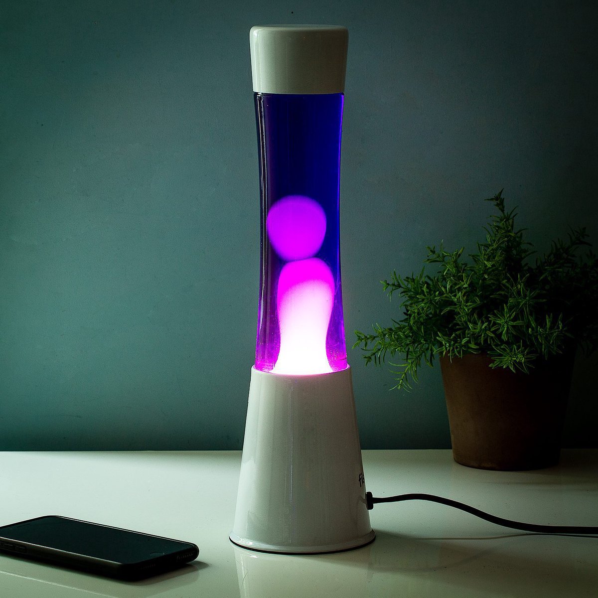 Lavalamp wit met paarse vloeistof en witte lava van Fisura
