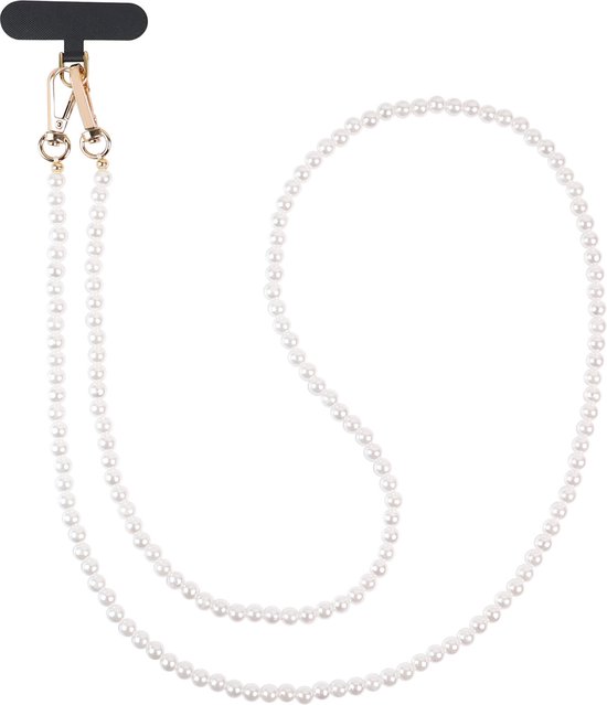 Telefoonkoord Universeel - Telefoonketting Kralen - Losse Koord - Universele Telefoonketting - Voor Alle Telefoons en Tablets - Voor Alle Hoesjes - 1.25 Meter - Telefoon Koord - Lanyard - Phone Cord - Solidenz Collection - Witte Parels