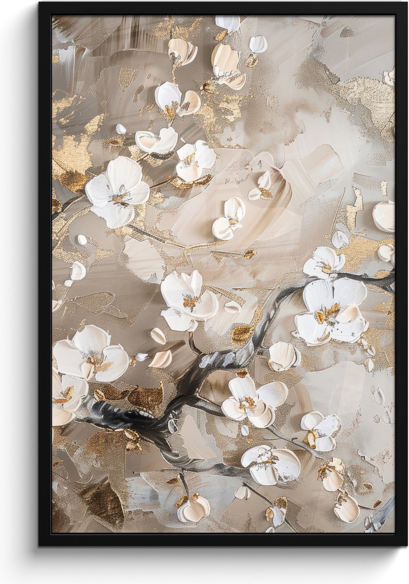 FrameYourWall Poster in lijst - Fotolijst 60x90 cm - Posters - Bloemen - Wit - Goud - Beige - Luxe - Posterlijst zwart - Decoratie - Wanddecoratie woonkamer - Muurdecoratie slaapkamer