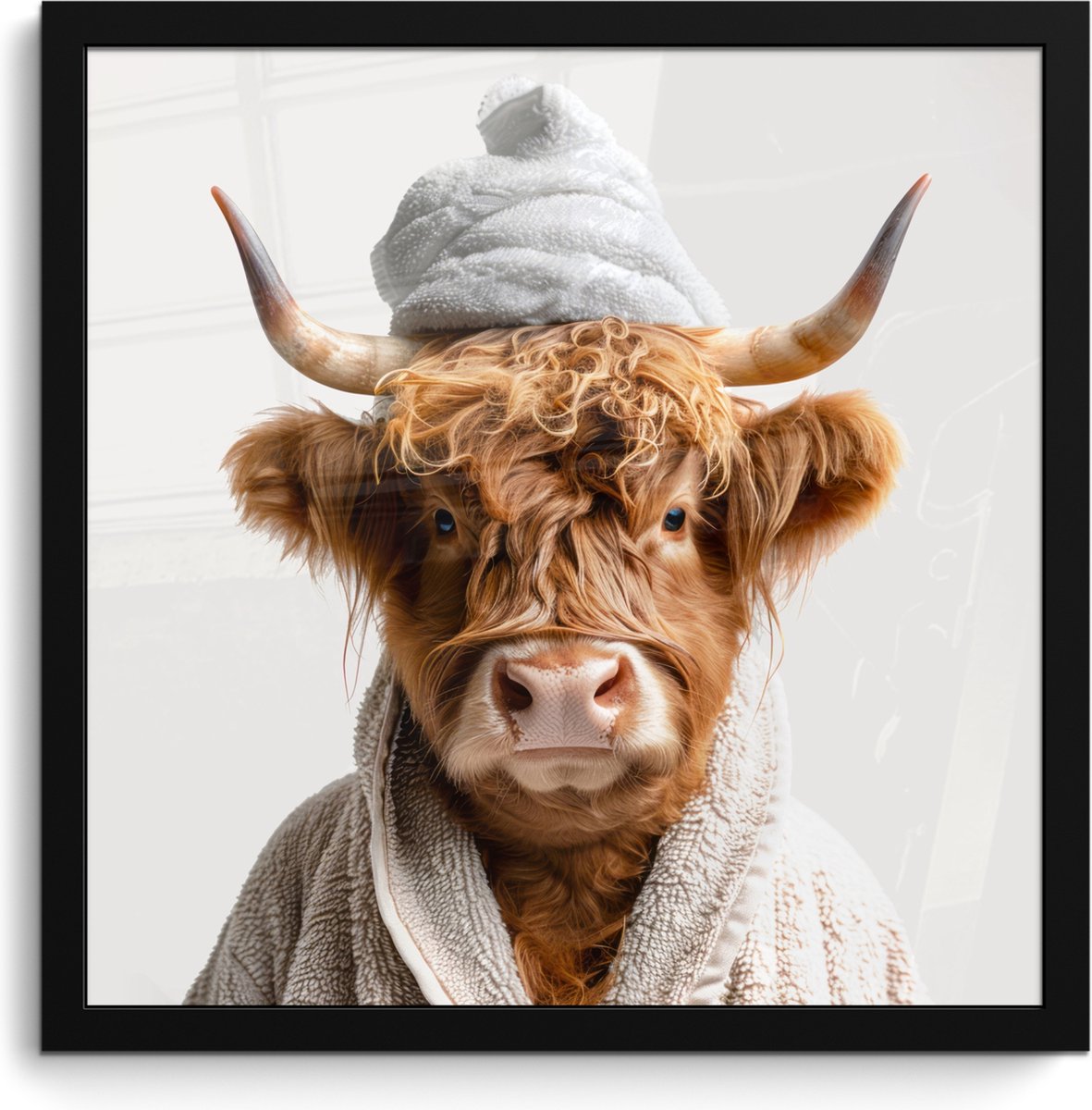FrameYourWall Poster in lijst - Fotolijst 40x40 cm - Posters - Schotse hooglander - Badjas - Koe - Dieren - Posterlijst zwart - Wanddecoratie badkamer - Muurdecoratie WC - Decoratieve accessoires - Toilet muur decoratie