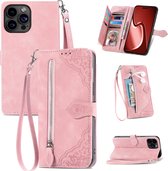 Coque adaptée pour iPhone 16 Pro Max - Bookcase - Cordon - Porte-cartes - Portefeuille - Motif fleurs - Simili cuir - Rose