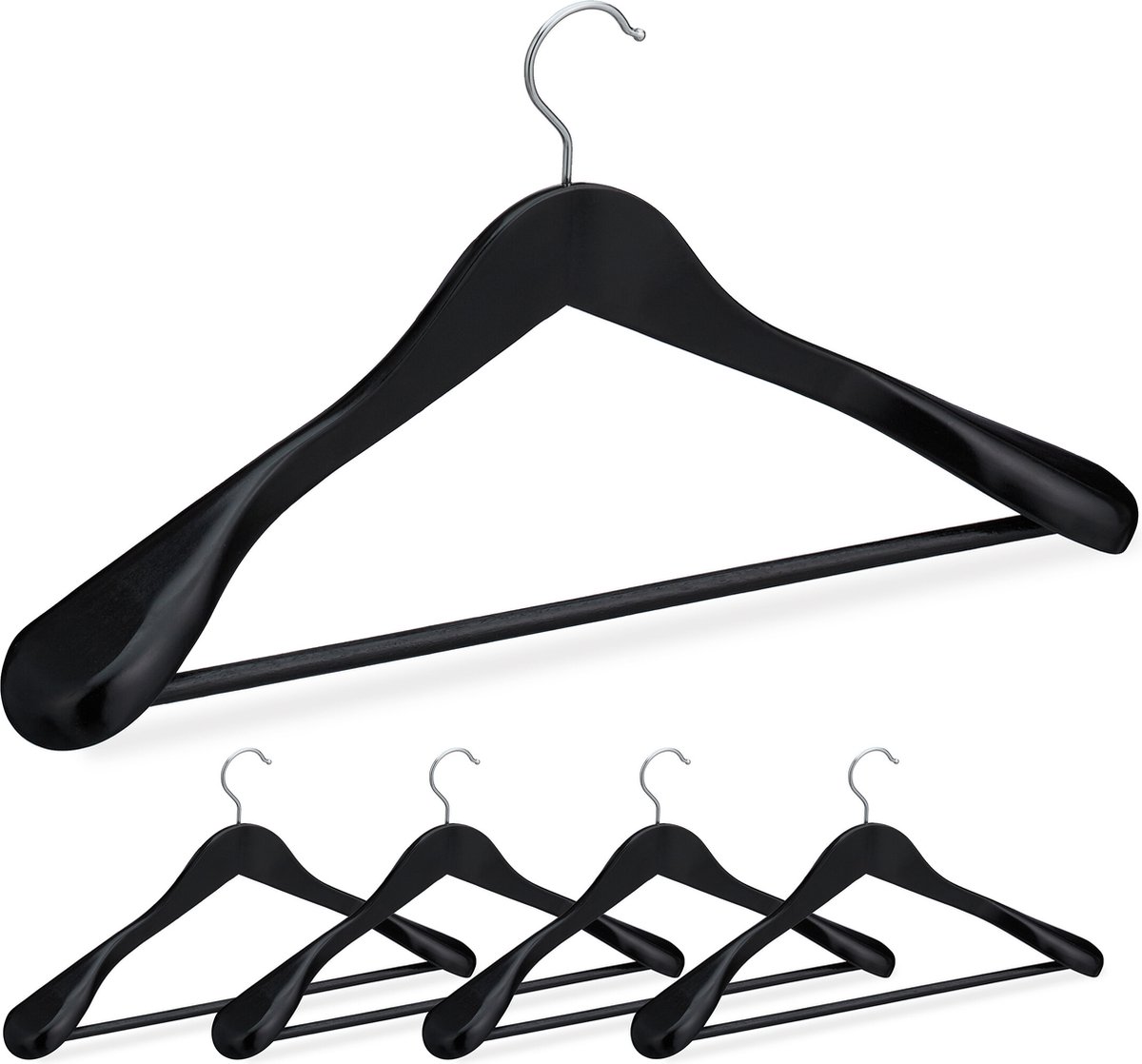 Kledinhangers hout - set van 5 - brede schouders - broekhanger - zwart