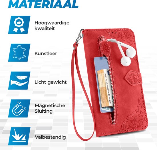 Coque adaptée pour iPhone 16 Plus - Bookcase - Cordon - Porte-cartes - Portefeuille - Motif fleurs - Simili cuir - Rouge