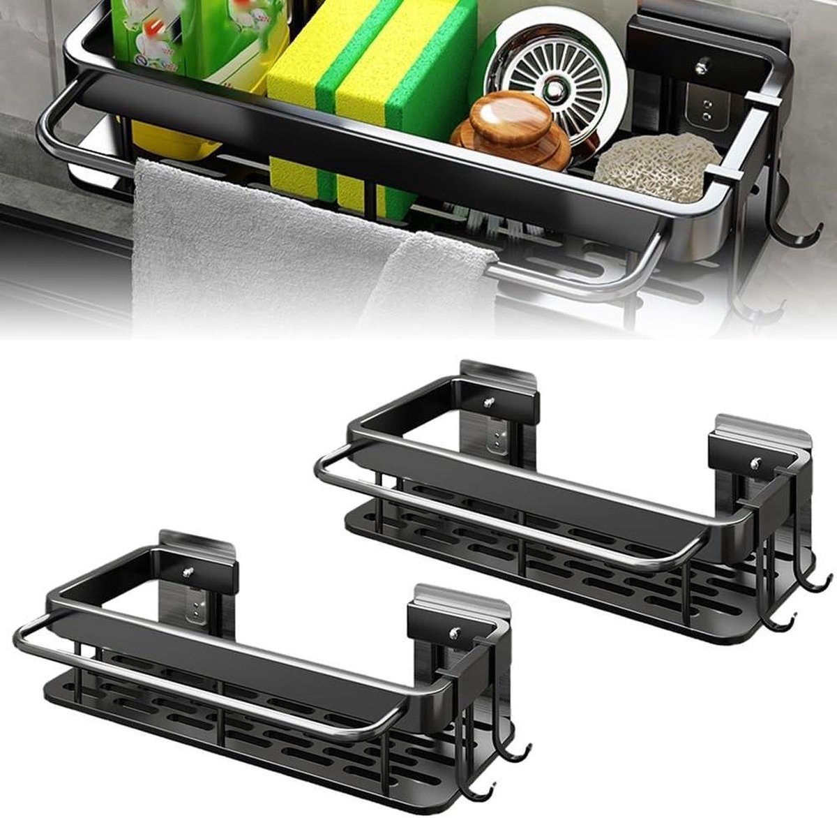 Spoelbakorganizer zwart smal sponshouder keuken RVS handdoekhouder Zinkorganizer mand Hangende muur keuken badkamer 2 stuks