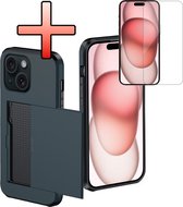 Coque adaptée pour iPhone 15 Plus, porte-cartes, coque rigide avec protecteur d'écran, résistante aux chocs, coque rigide avec porte-cartes – Bleu foncé