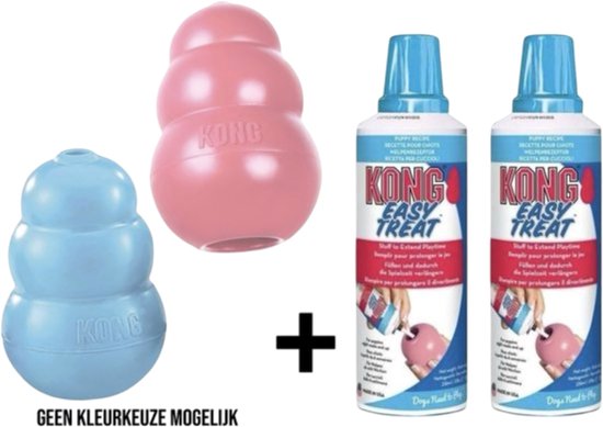 Kong - Jouets à mâcher Puppy - Assorti (rose ou Blauw) - Caoutchouc - 10 cm - Grand + 2x Kong Easy Treat Puppy Rembourrage Snack - Combideal
