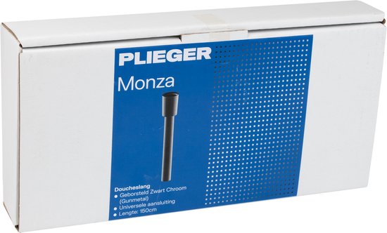 De verpakking van de Plieger Monza doucheslang in gunmetal, met een afbeelding van de slang en specificaties.