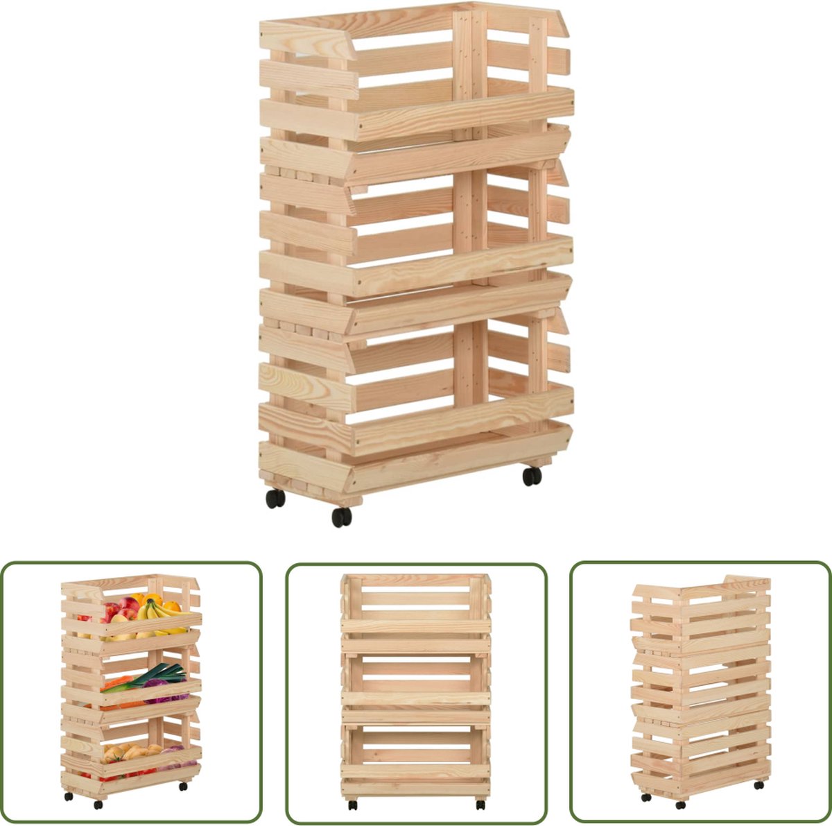 The Living Store Keukentrolley Massief Grenenhout 37x30x80 cm - 3 vakken - Flexibele wielen