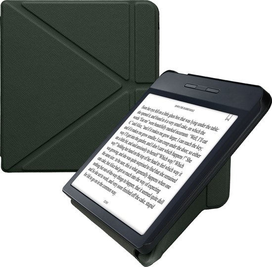 Étui pour liseuse kwmobile adapté à la couverture Kobo Libra H2O - Étui à rabat pour liseuse avec support - Étui pour liseuse électronique en cuir artificiel - En vert foncé