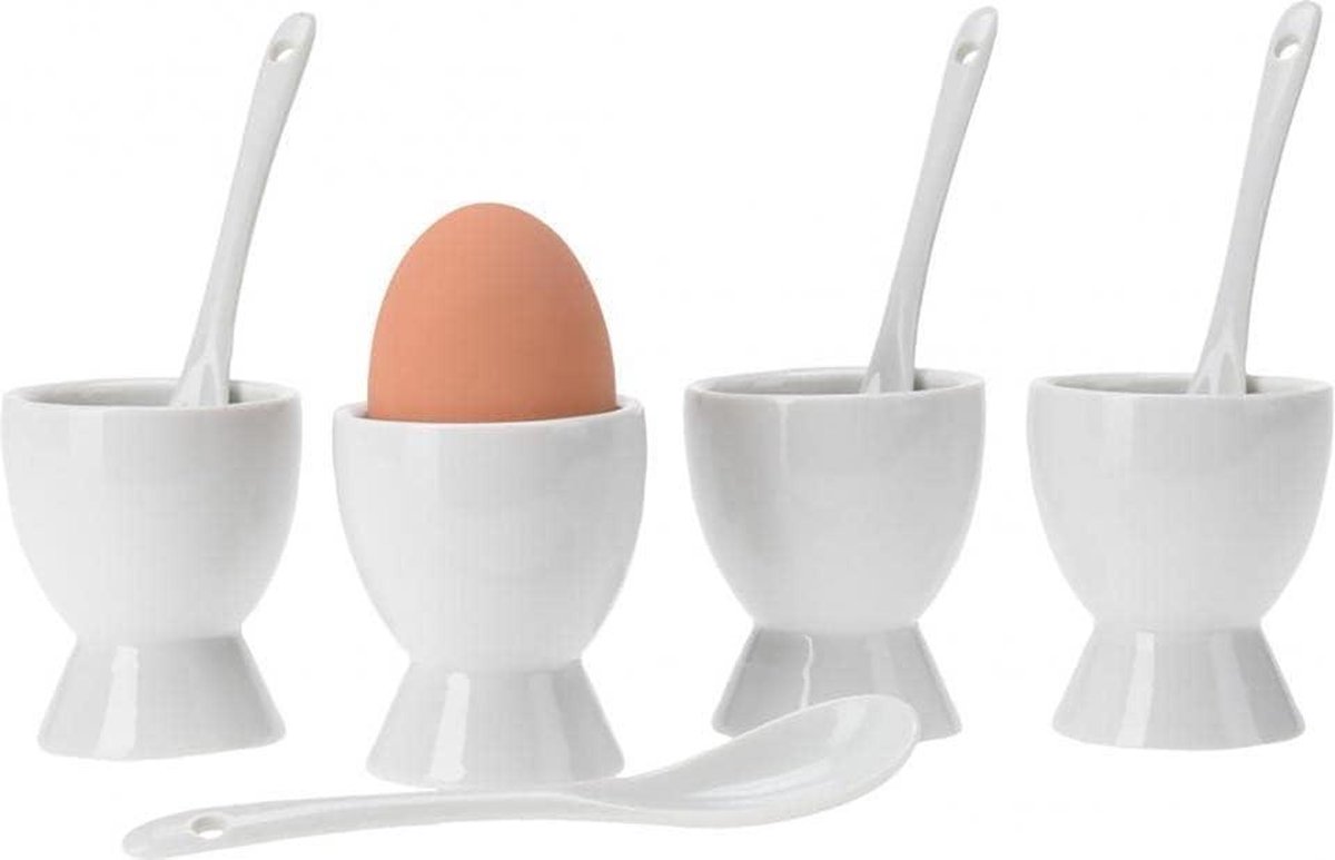 Eierdopjes porselein wit set - 8 delige set eierhouders voor 4 eieren & 4 lepels