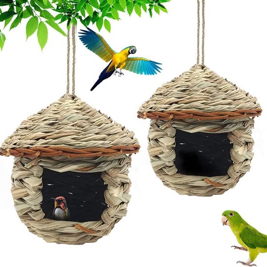 Vogelgrashuisje – 2 Stuks, Handgeweven Van Natuurlijk Rietgras, 22x10 Cm. Met Ophangkoord, Geschikt Voor Merels, Mezen En Andere Tuinvogels. Voorjaar En Zomer.