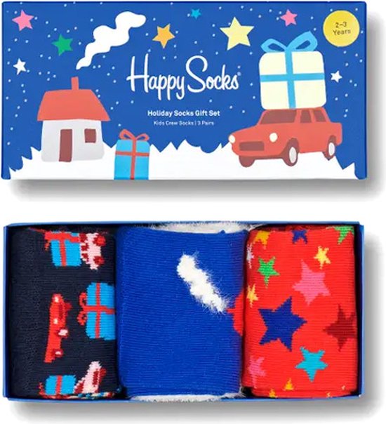 Open Happy Socks geschenkdoos met drie opgevouwen paren sokken met kerstmotieven.