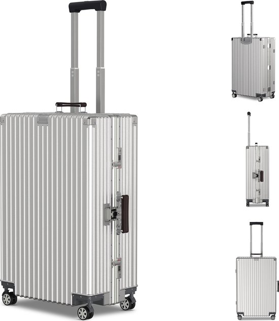 Zilveren aluminium koffer met telescopische handgreep en verschillende aanzichten.