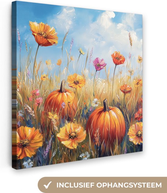 Canvas schilderij 20x20 cm - Wanddecoratie Bloemen - Herfst - Pompoen - Natuur - Landschap - Muurdecoratie woonkamer - Slaapkamer decoratie - Kamer accessoires - Schilderijen op canvas