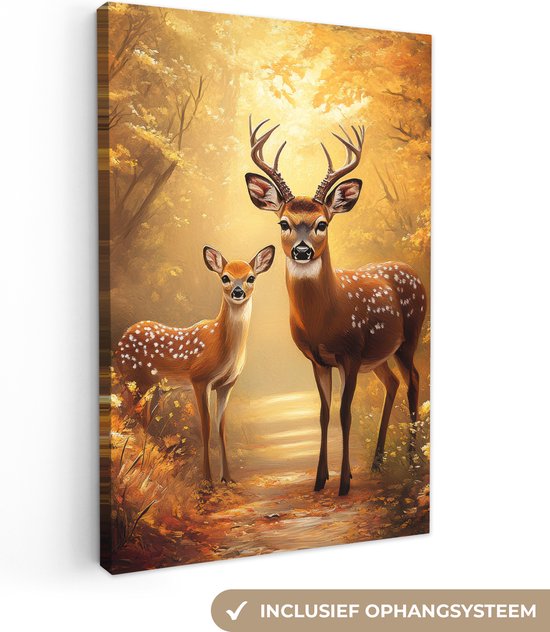 Canvas schilderij 20x30 cm - Wanddecoratie Herfst - Bos - Herten - Bosdieren - Natuur - Bruin - Muurdecoratie woonkamer - Slaapkamer decoratie - Kamer accessoires - Schilderijen