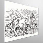 Line art koeien schilderij | Boerderijperspectief: Melkweg van lijnen en kleurrijke koeien | Kunst - 75x75 centimeter op Forex | Foto op Forex