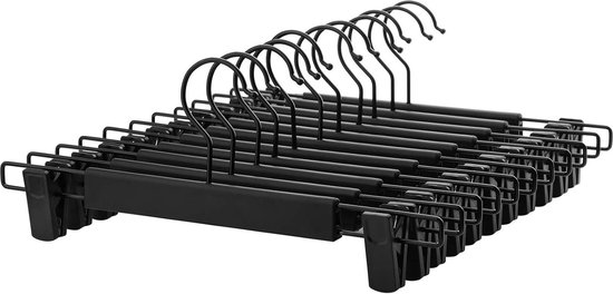 Cintre à pantalons lot de 12 - Cintre avec clips - Haute capacité de charge - Plastique - Gain de place - Crochet rotatif à 360° - 35,5 cm de long - Zwart - CRP02BK12 Cintre