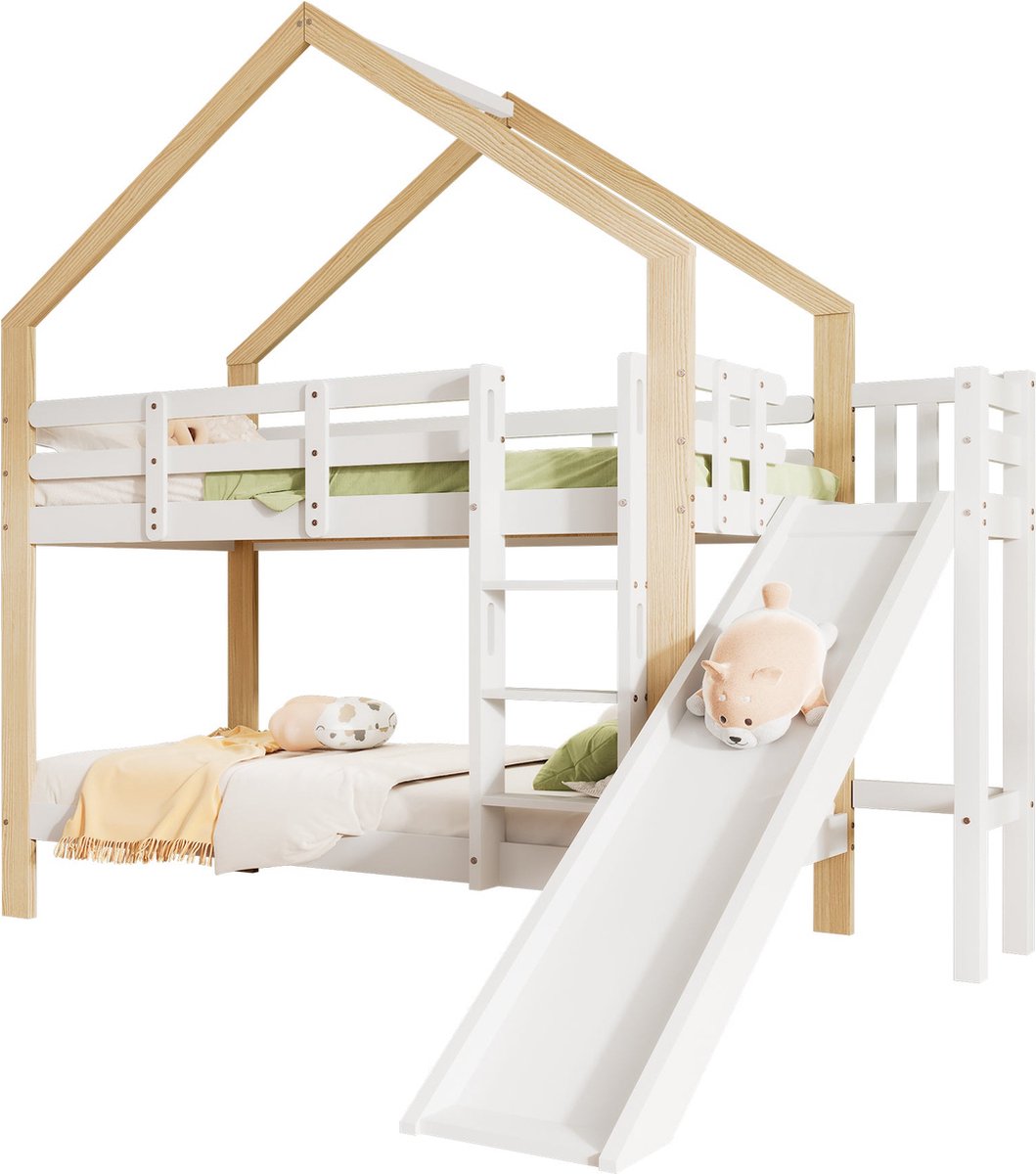 Merax Stapelbed 90x200 cm met Glijbaan en Ladder - Huisbed met Uitvalbescherming - Kinderbed Hoogslaper Bedframe van Massief Hout - Wit met Naturel Hout Bruin