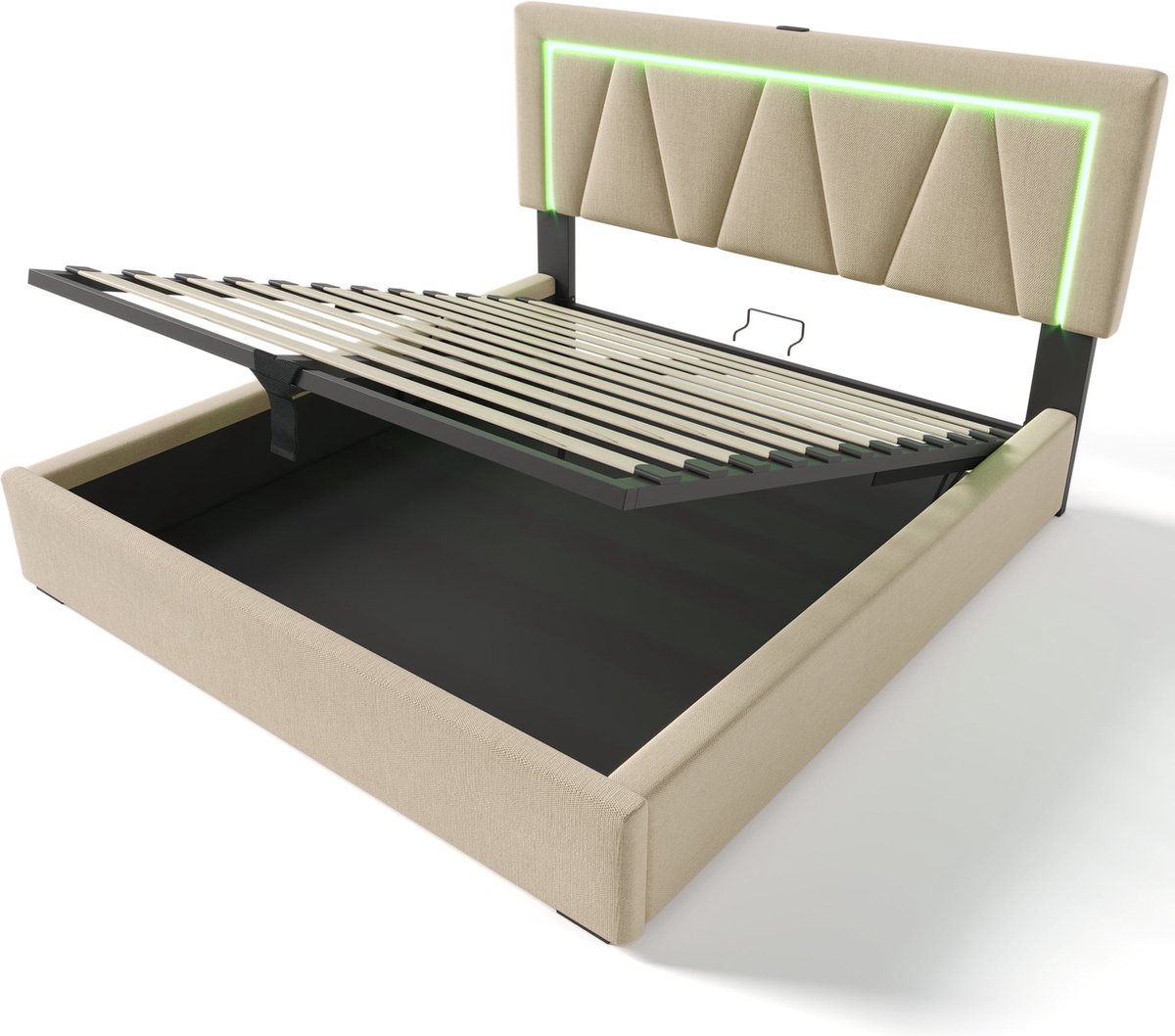Merax Gestoffeerd Bed 140x200 cm Inclusief Matras - Tweepersoonsbed met LED-Verlichting en USB-C Aansluiting - Beige