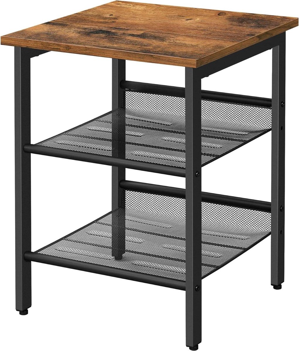 Industriële salontafel voor woonkamer-nachtkastje met verstelbare netplanken stabiele metalen constructie eenvoudige montage vintage bruin-zwart LET23X Nachtkastje