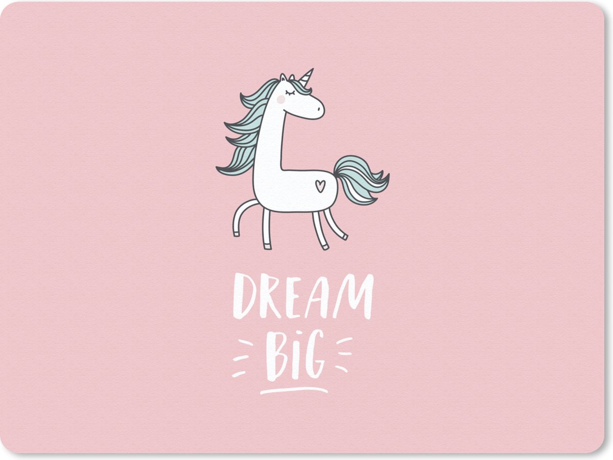 Muismat 23x19 cm - Mousepad Eenhoorn - Kinderen - Quotes - Dream big - Meisjes - Roze - Muismatten