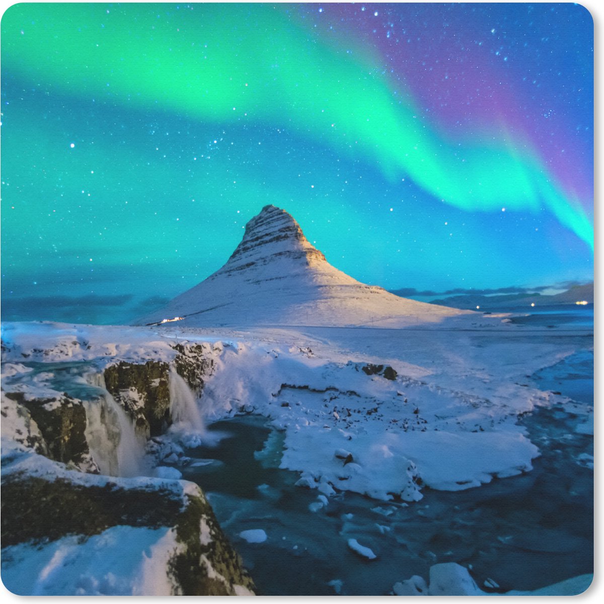 Muismat 20x20 cm - Mousepad Noorderlicht - Berg - IJsland - Muismatten