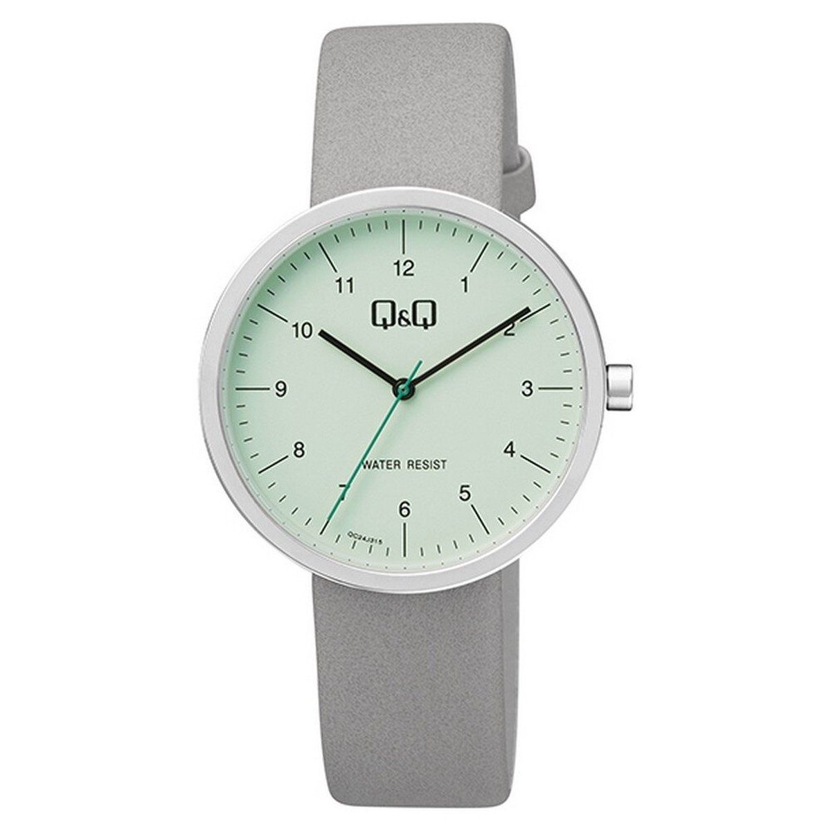 QQ QC24J315Y - Horloge - Analoog - Heren - Mannen - Leren band - Rond - Metaal - Cijfers - Grijs - Zilverkleurig - Lichtgroen - 3 ATM