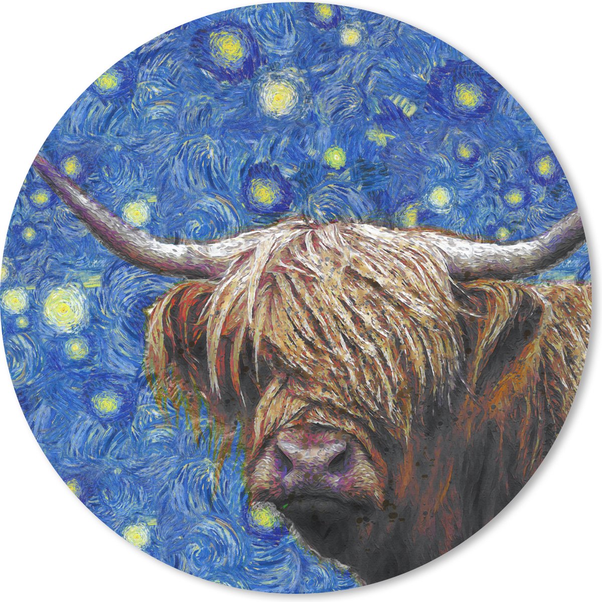 Muismat rond 20x20 cm - Mousepad Van Gogh - Sterrennacht - Schotse hooglander - Ronde muismatten