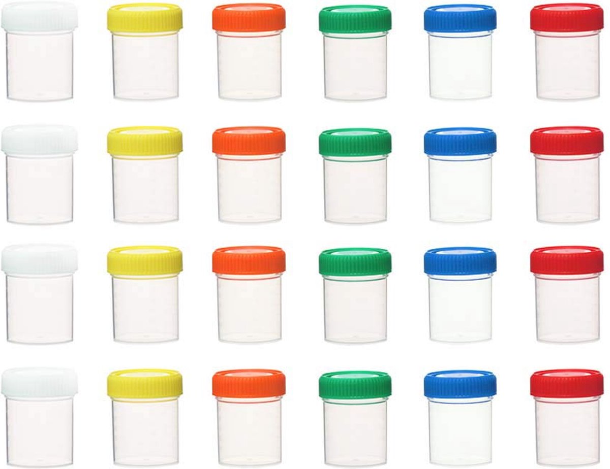 Goedkoopste Set van 24 Gegradueerde Laboratoriummonsterflesjes - 80 ml - Brede Hals - Kunststof - Met Schroefdoppen - 6 Kleuren