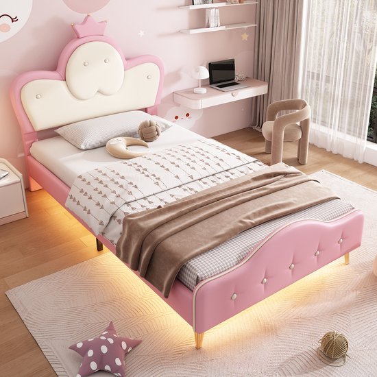 Sweiko Gestoffeerd bed, kinderbed, Roze meisjes prinsessenbed, met zachte beschermende randen, monochrome LED-strip, hoofdbord met kroon, metalen bedpoten, golfvorm met trekpunt aan het hoofdeinde van het bed, eenpersoonsbed, PU, roze+wit, 90x200cm